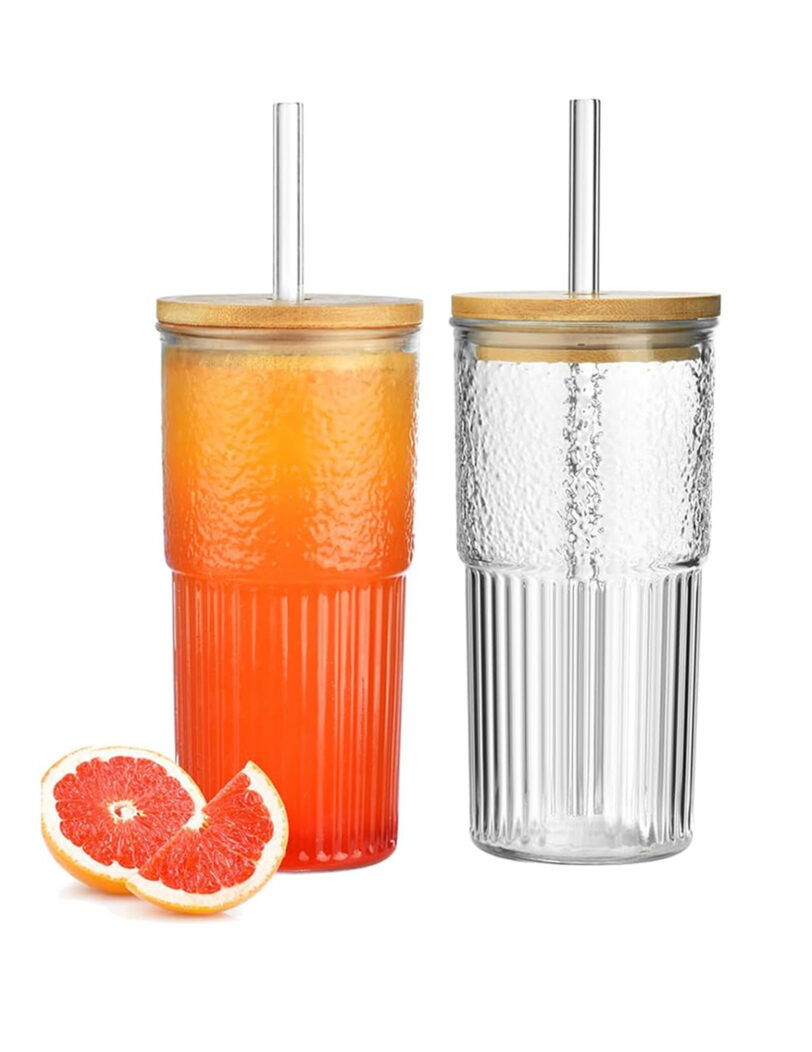 bubble-te-krus 600 ml gennemsigtigt stribet glas med låg, iskaffe glas