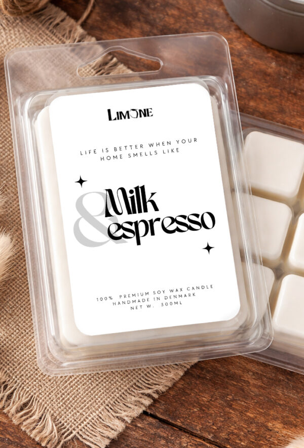 milk og espresso duftblok limone candles soya voks duftblok duftmelts wax melts Blød håndlavet duftvoks af soja med fyldig espresso og varm mælk. Perfekt til hyggelige morgener og afslappende aftener.