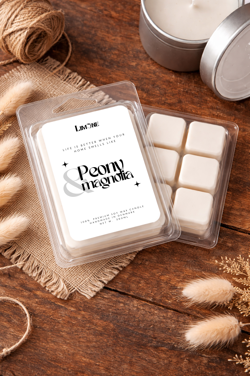 peony og magnolia duftblok limone candles soya voks duftblok duftmelts wax melts Duftvoks med pæon og magnolia Håndlavet duftvoks af soja med pæon og magnolia. En frisk og elegant blomsterduft til forår, sommer og rolige hjem.