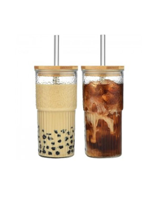 drikkeglas med sugerør, glas med låg, glas til iskaffe, smoothieglas, ribbet glas
